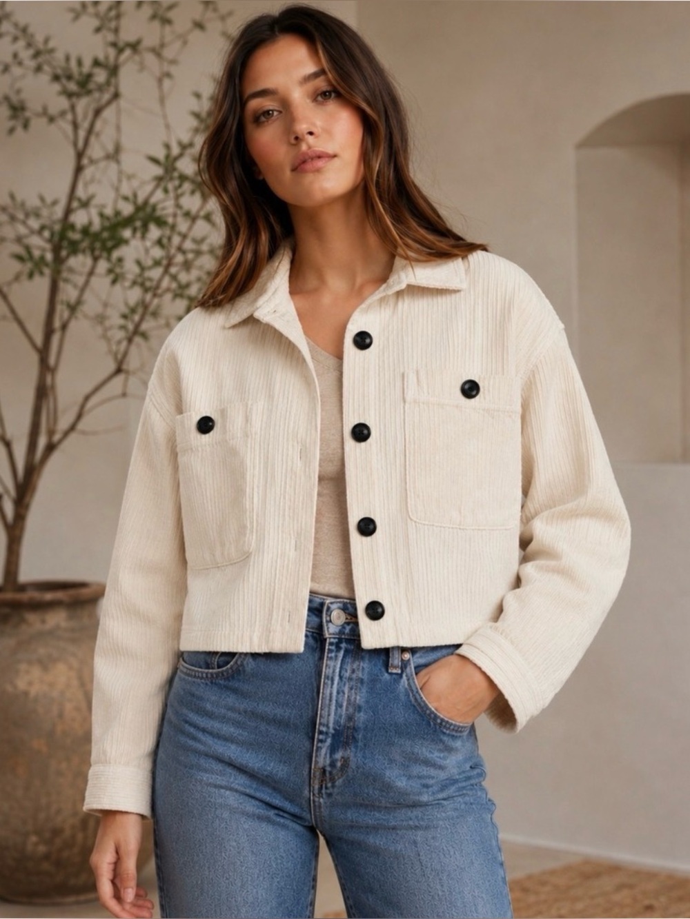 Zara Corduroy Jacket Cream Cropped Oversized